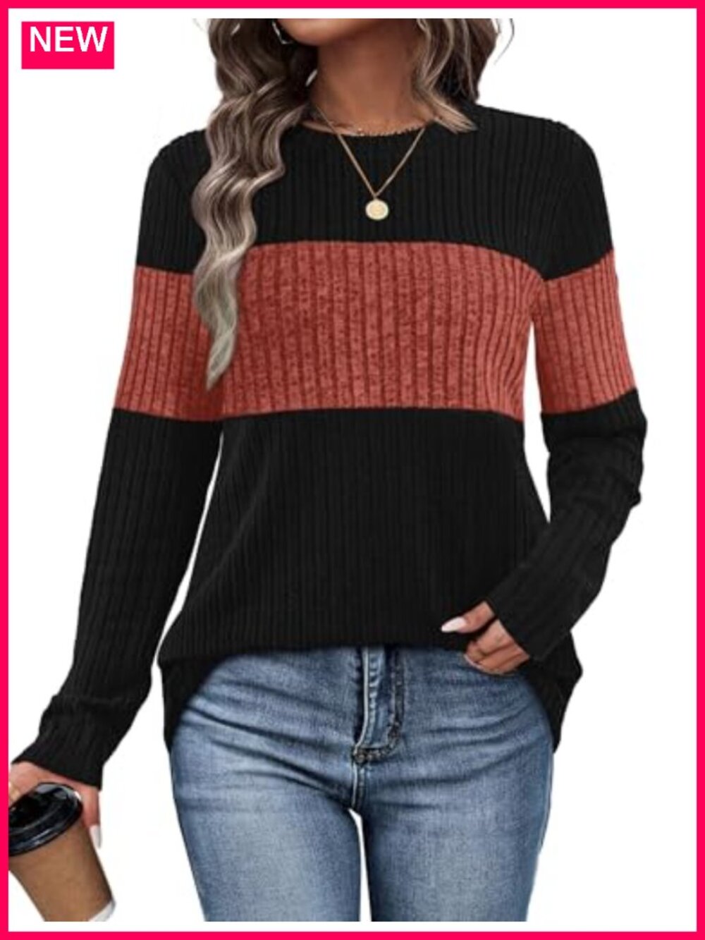 Womens Color Block Sweater Pullover Crew Neck Long Sleeve Tunic Top